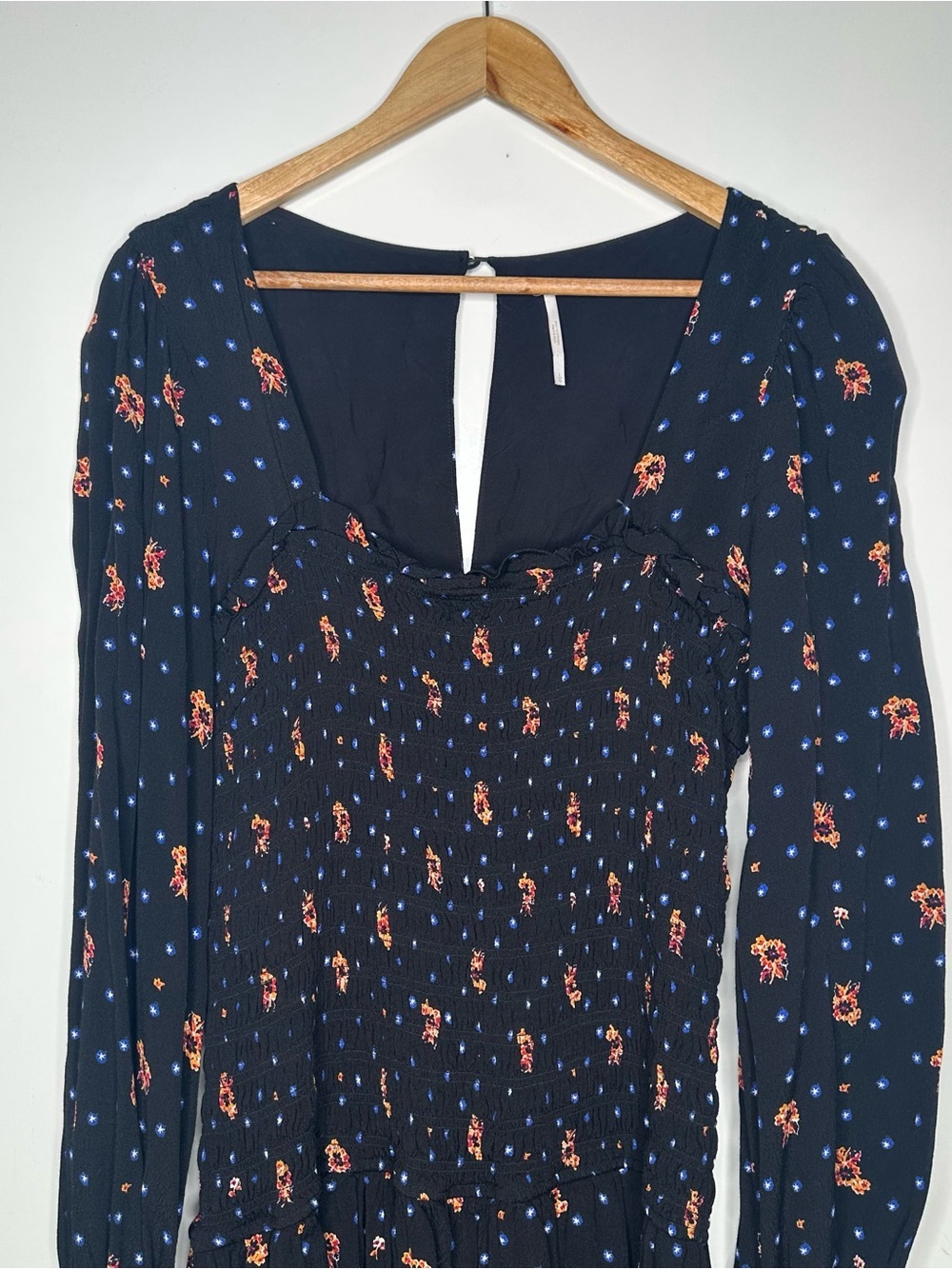 Free People Two Faces Smocked Mini Dress Black Floral Long Sleeve Large - Picture 5 of 9